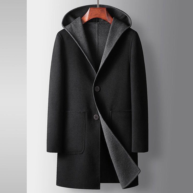 Mens Mid - Length Wool Coat With A Hood Reversible Style - Awesam Goods