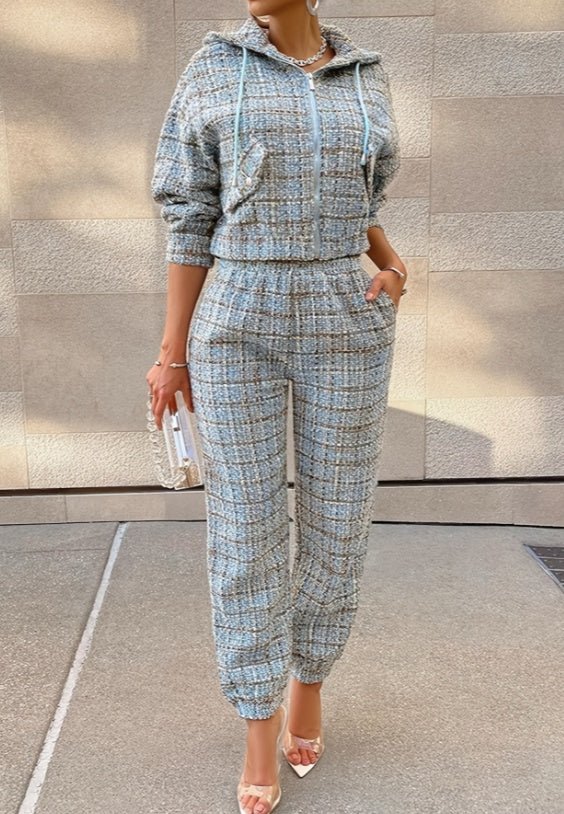 Plaid Hooded Zip - up Sweatshirt Set - Awesam Goods