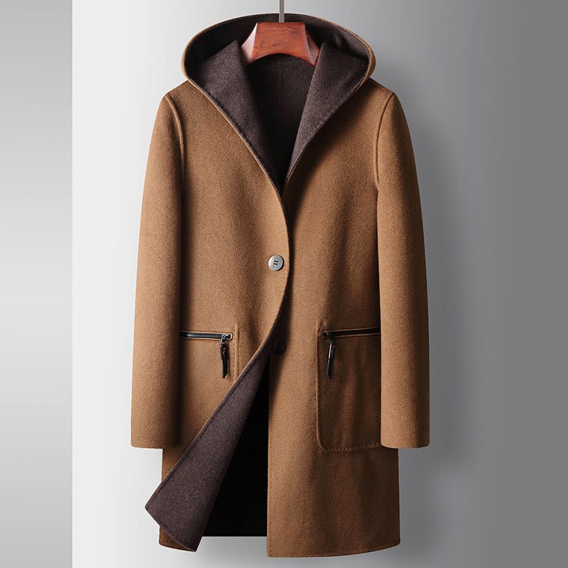 Mens Mid - Length Wool Coat With A Hood Reversible Style - Awesam Goods