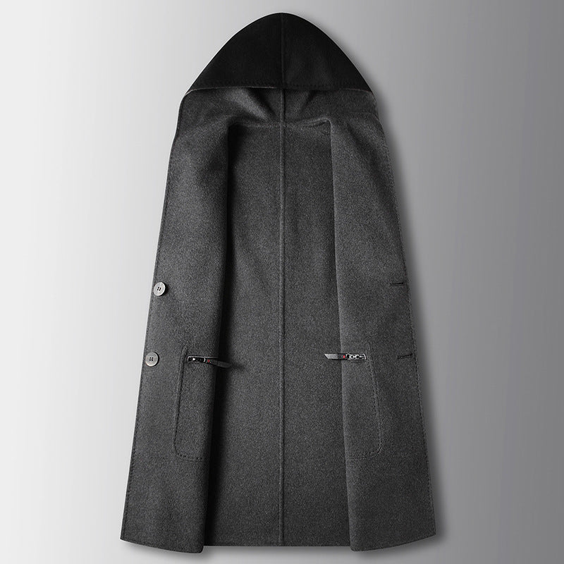 Mens Mid - Length Wool Coat With A Hood Reversible Style - Awesam Goods