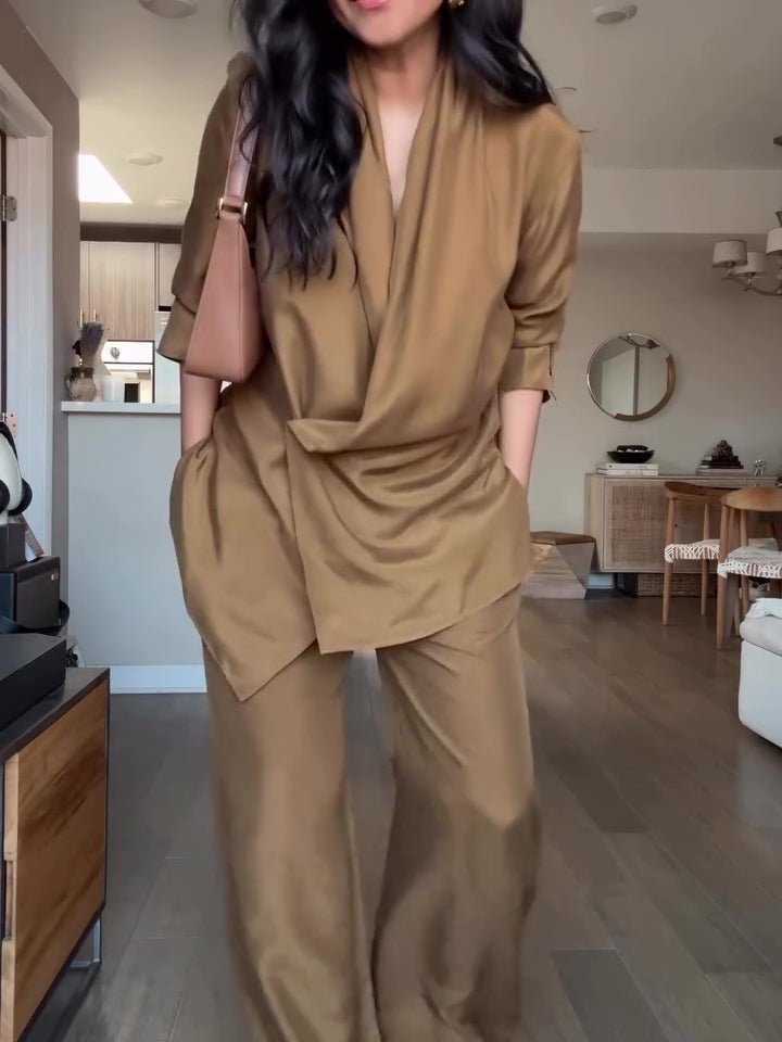 Wrap - style Satin Blouse And Wide - leg Pants Set - Awesam Goods