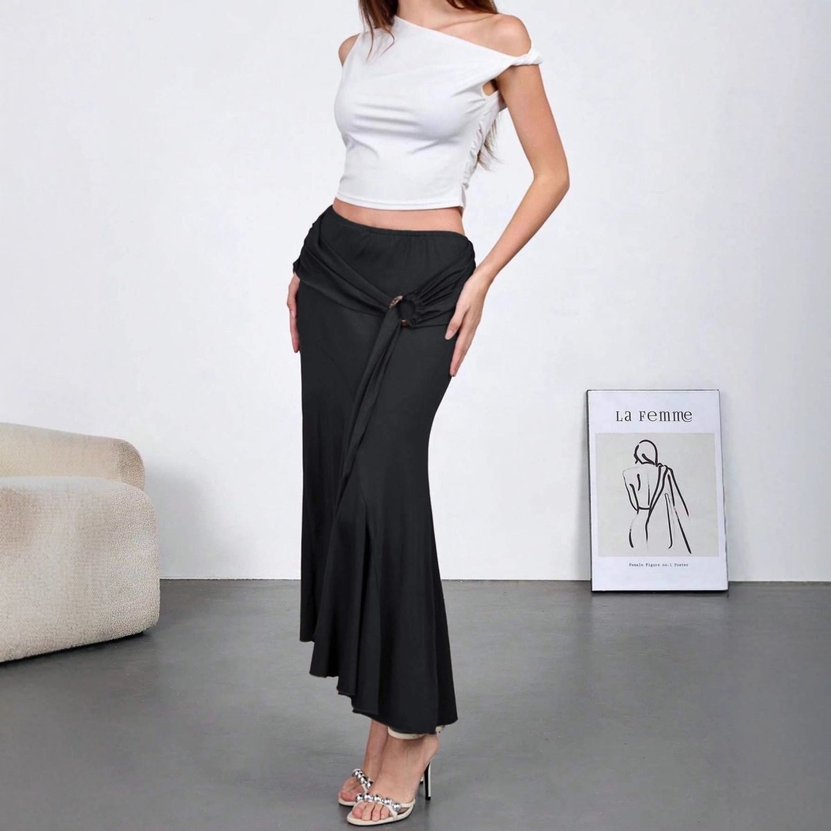 Womens High - Waisted Figure - Hugging Flowy Half Skirt With Ties - Awesam Goods
