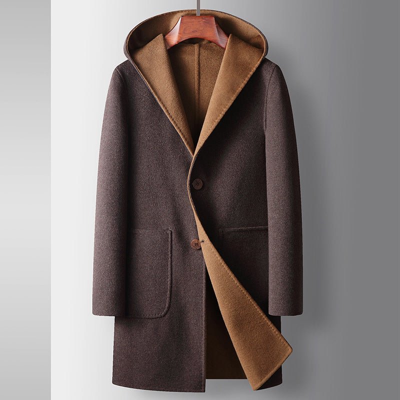 Mens Mid - Length Wool Coat With A Hood Reversible Style - Awesam Goods