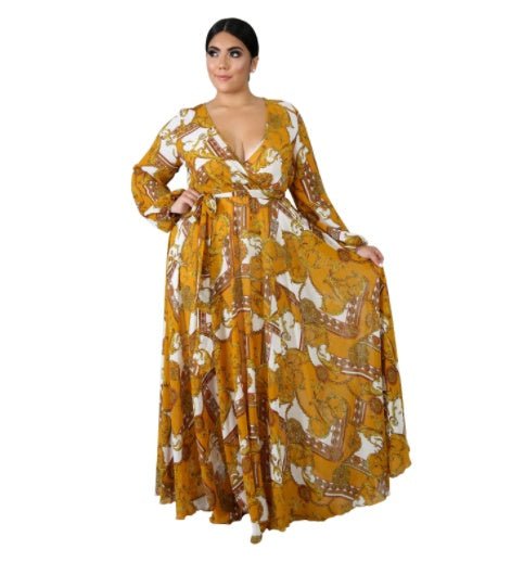 V - neck Long Sleeve Flower Beach Chiffon Dress - Awesam Goods