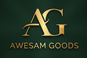 Gold logo and text 'Awesam Goods' on a dark green background