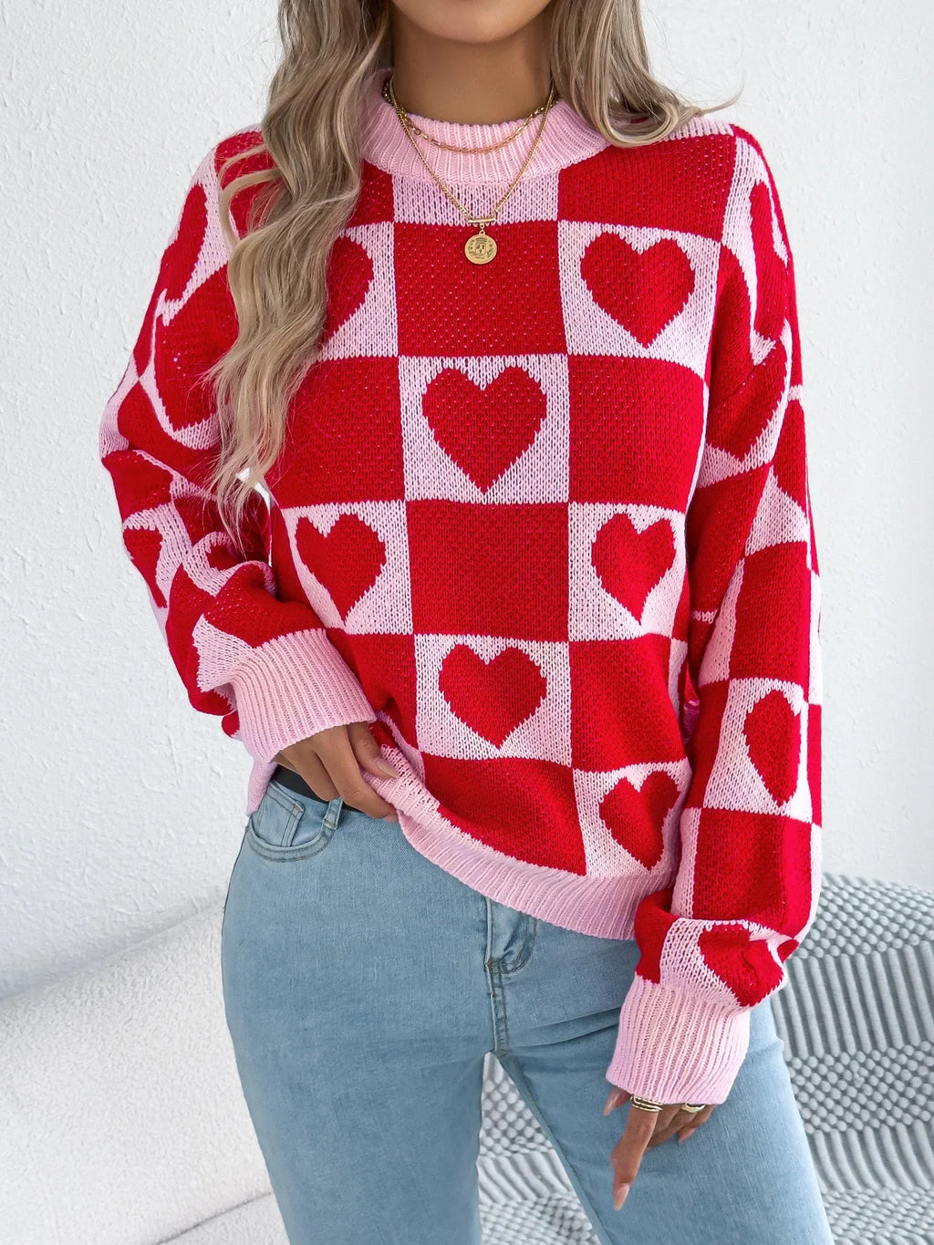Plaid Heart Lantern Sleeve Sweater