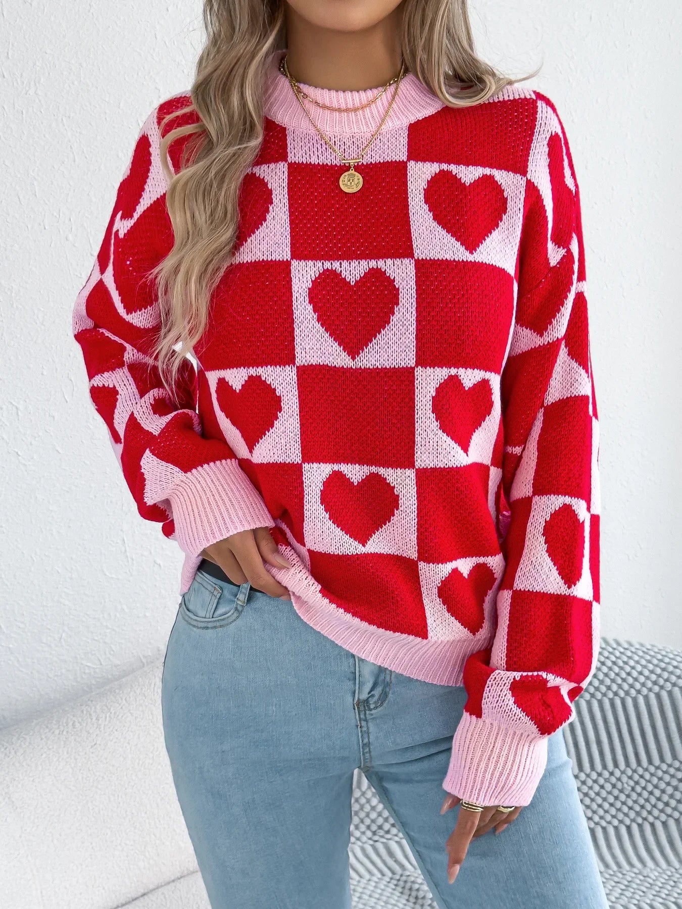 Plaid Heart Lantern Sleeve Sweater