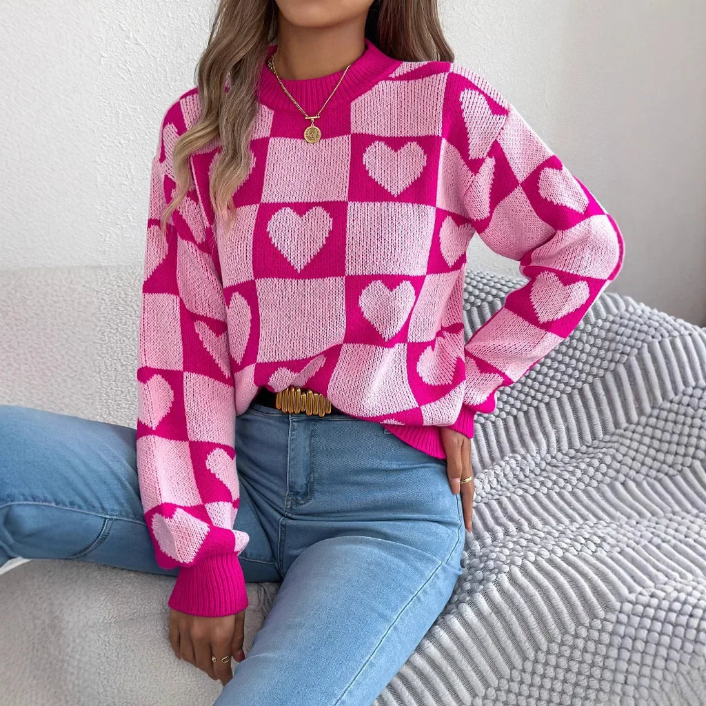 Plaid Heart Lantern Sleeve Sweater