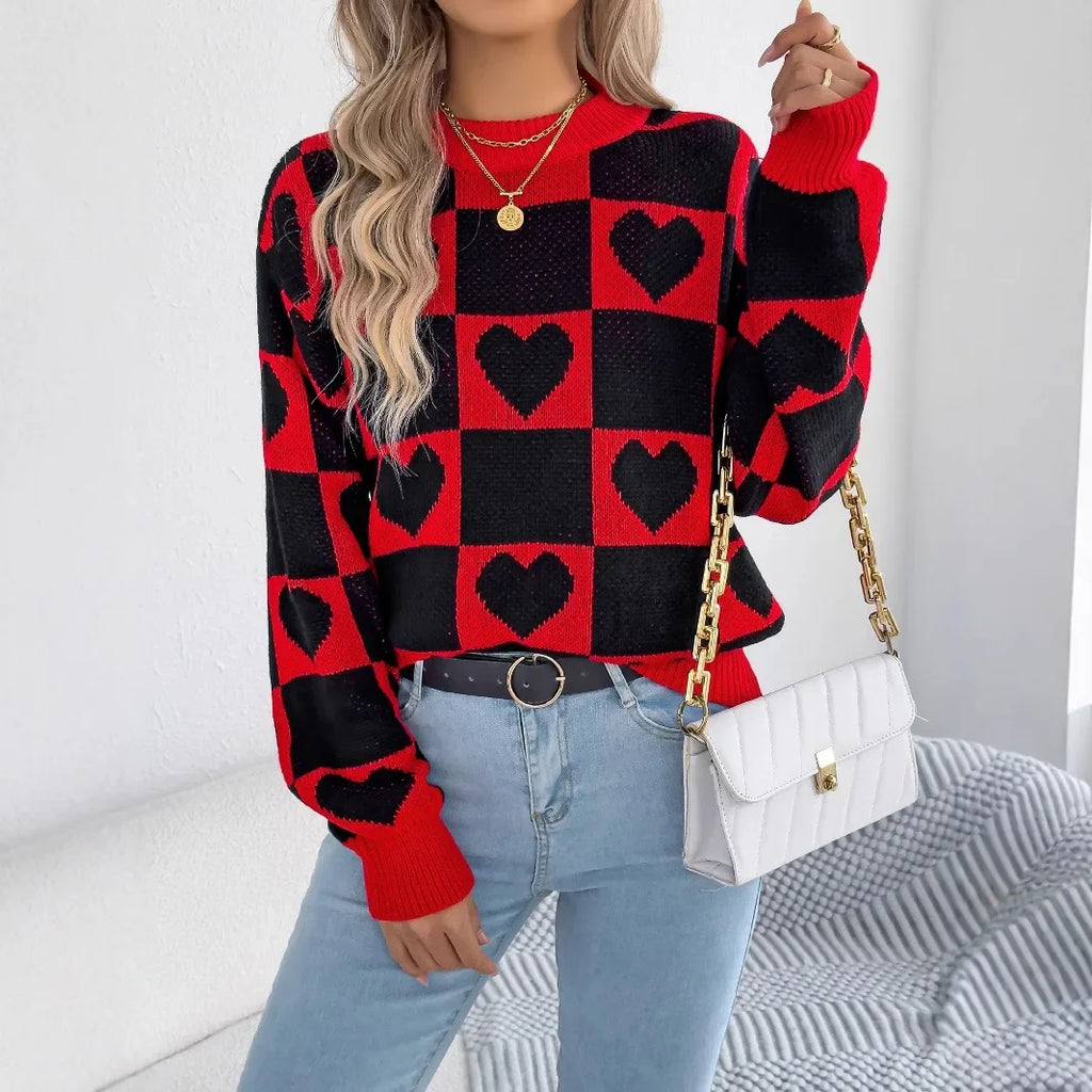 Plaid Heart Lantern Sleeve Sweater