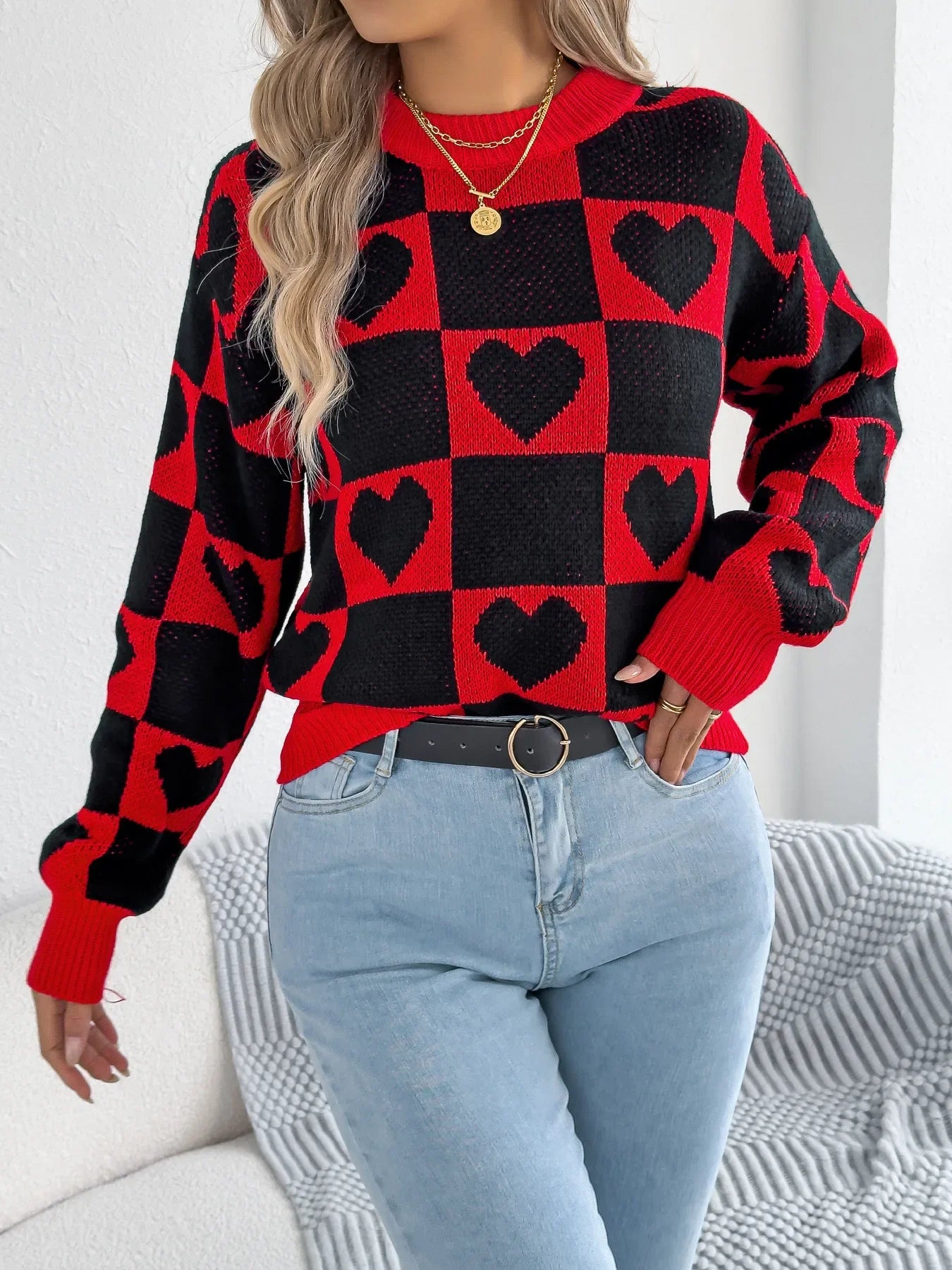 Plaid Heart Lantern Sleeve Sweater
