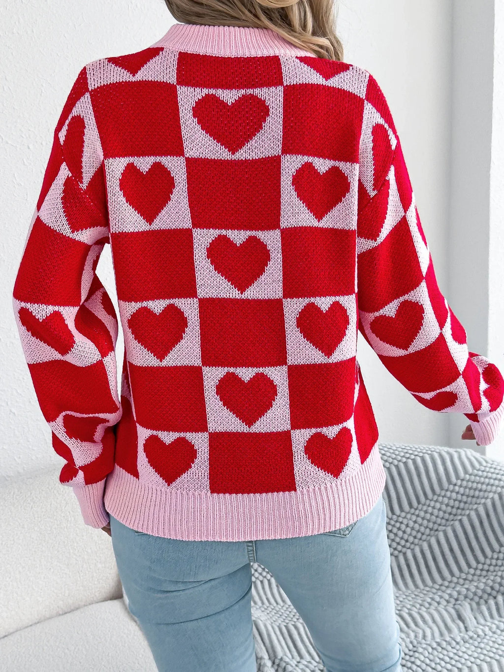 Plaid Heart Lantern Sleeve Sweater