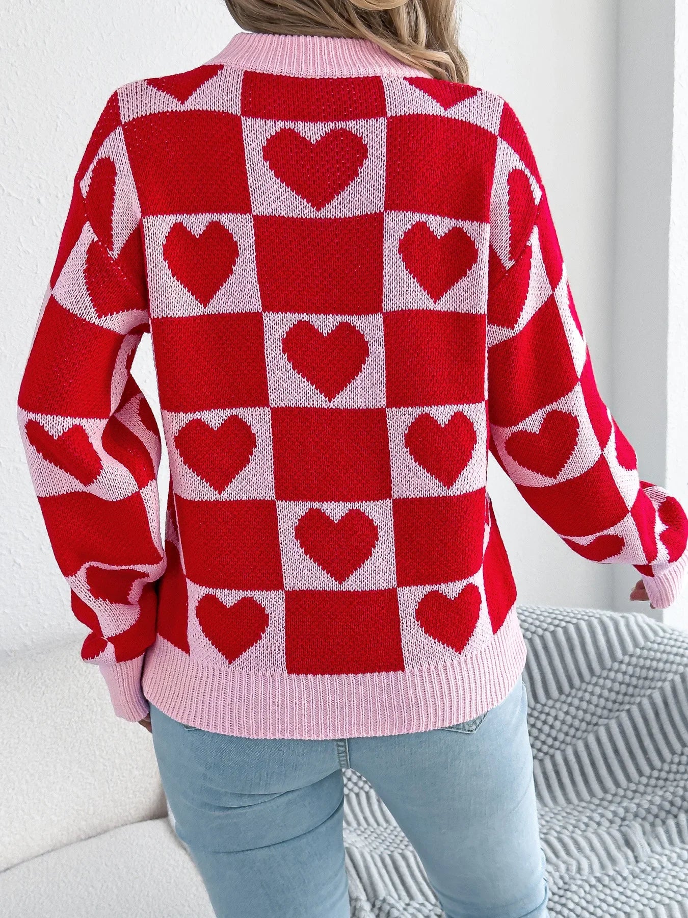 Plaid Heart Lantern Sleeve Sweater