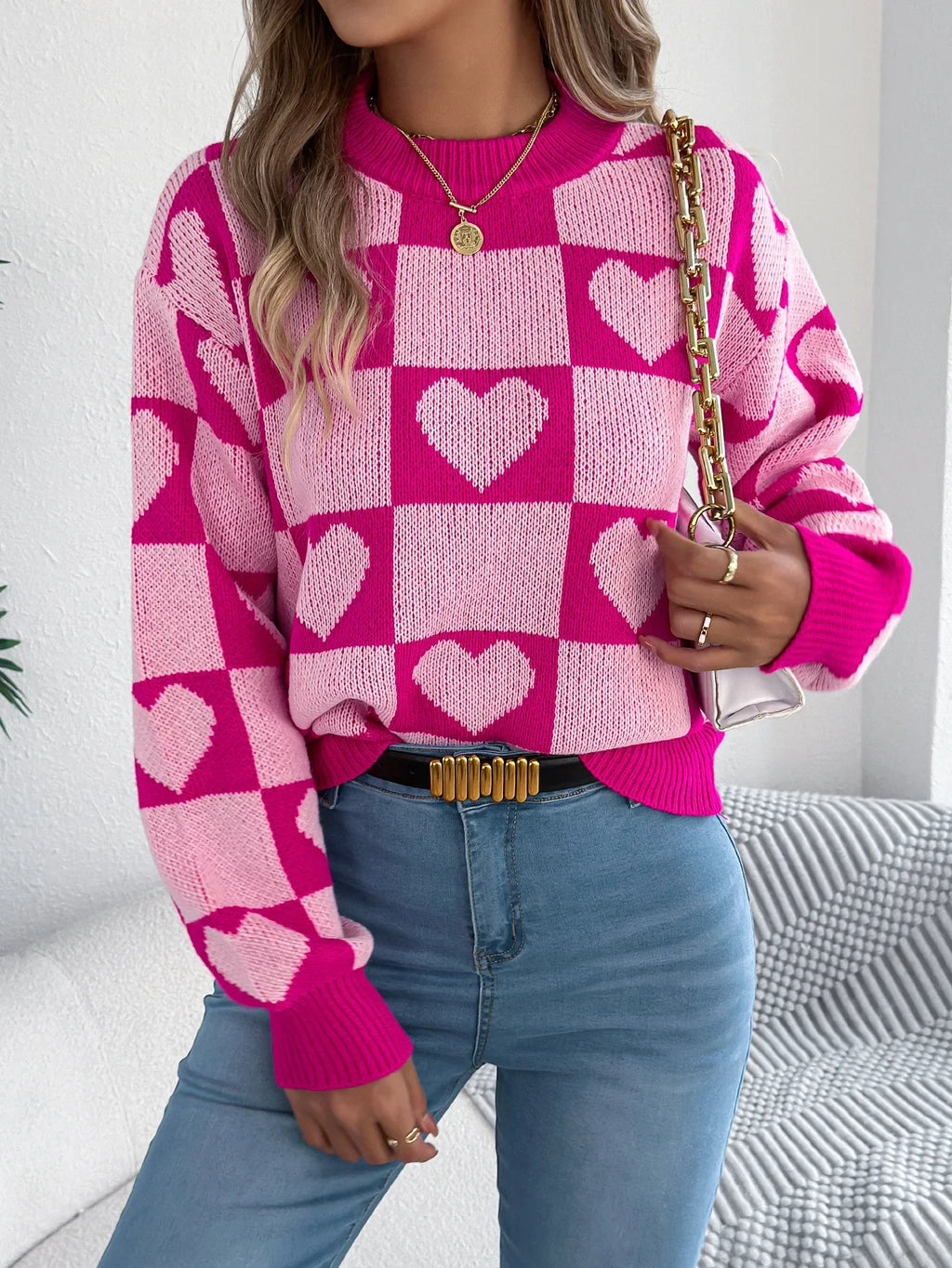 Plaid Heart Lantern Sleeve Sweater