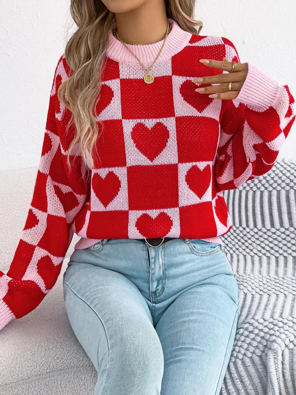 Plaid Heart Lantern Sleeve Sweater