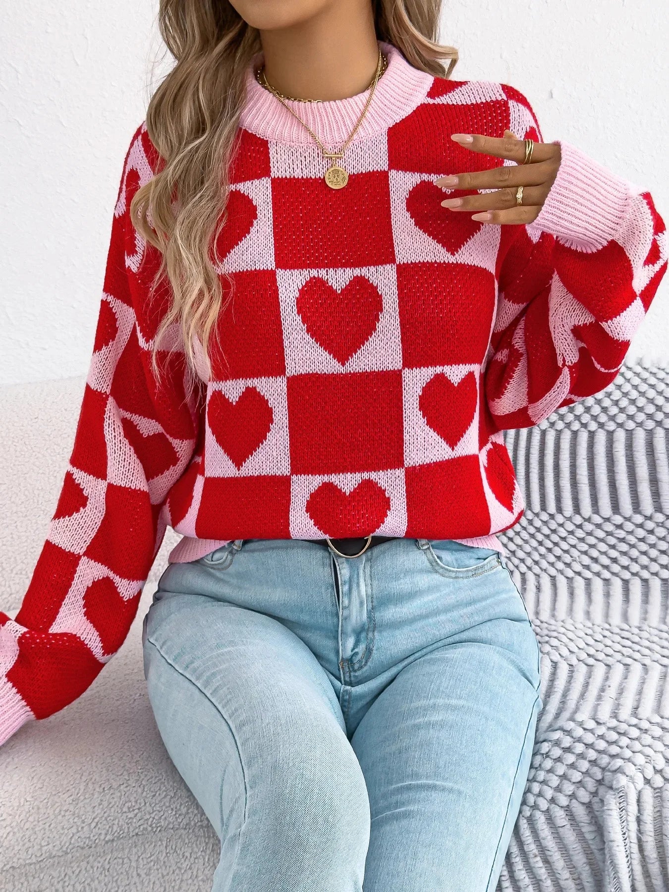 Plaid Heart Lantern Sleeve Sweater