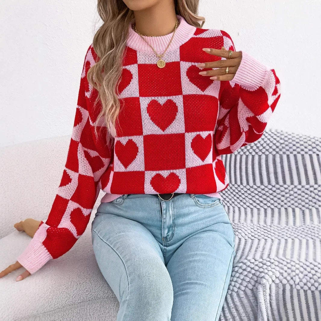 Plaid Heart Lantern Sleeve Sweater