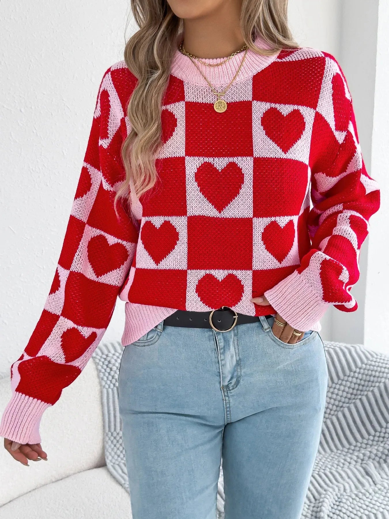 Plaid Heart Lantern Sleeve Sweater