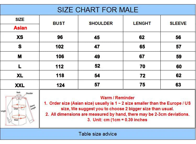 Size chart for male clothing with measurements in centimeters
