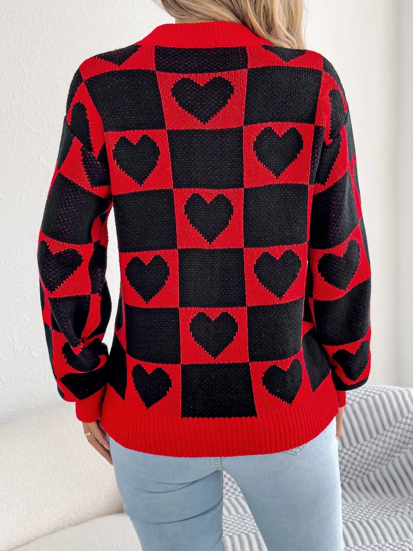 Plaid Heart Lantern Sleeve Sweater