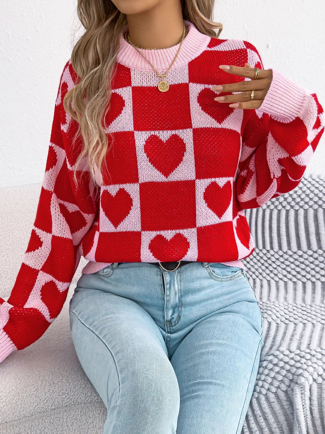 Plaid Heart Lantern Sleeve Sweater
