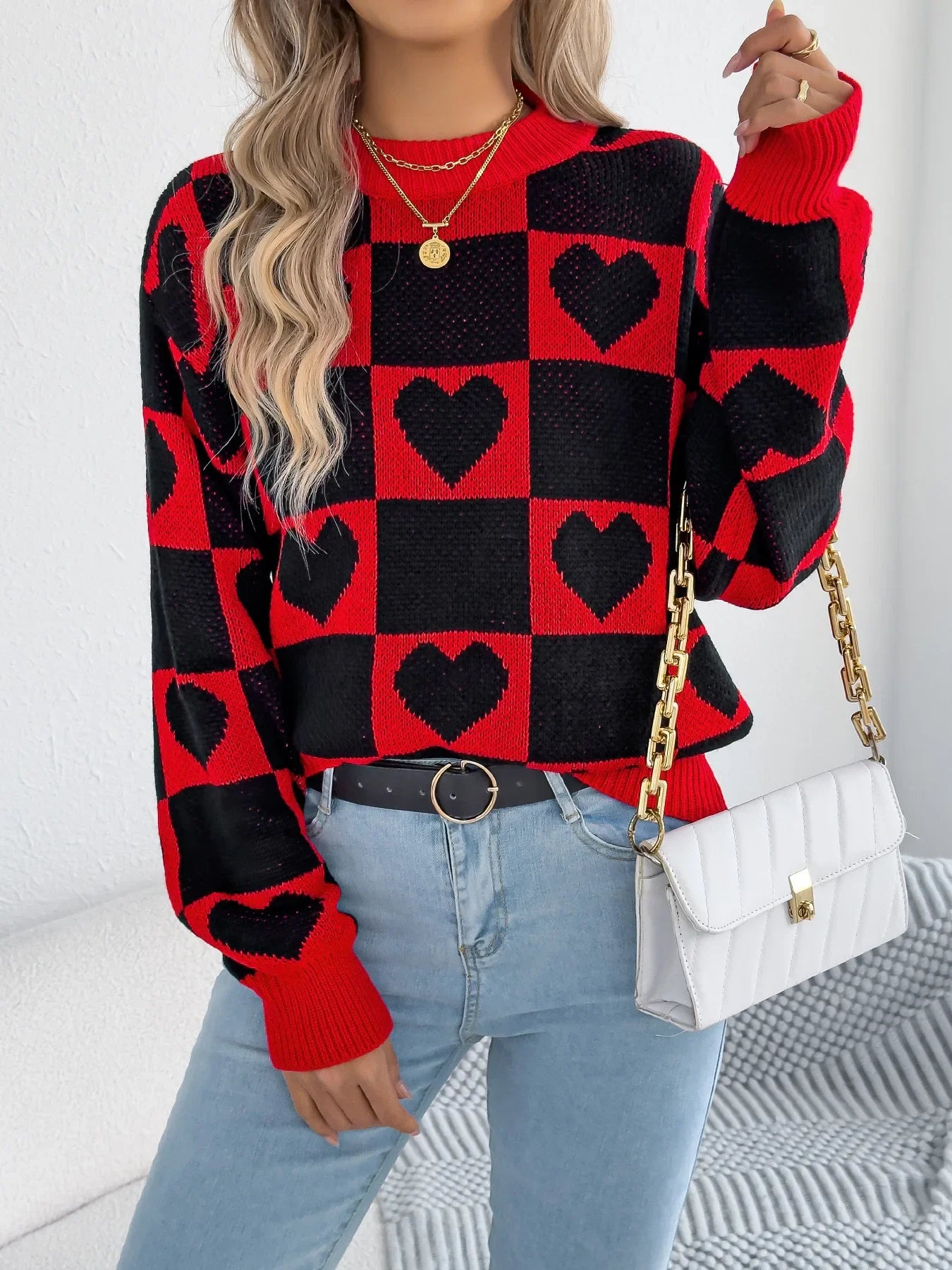 Plaid Heart Lantern Sleeve Sweater