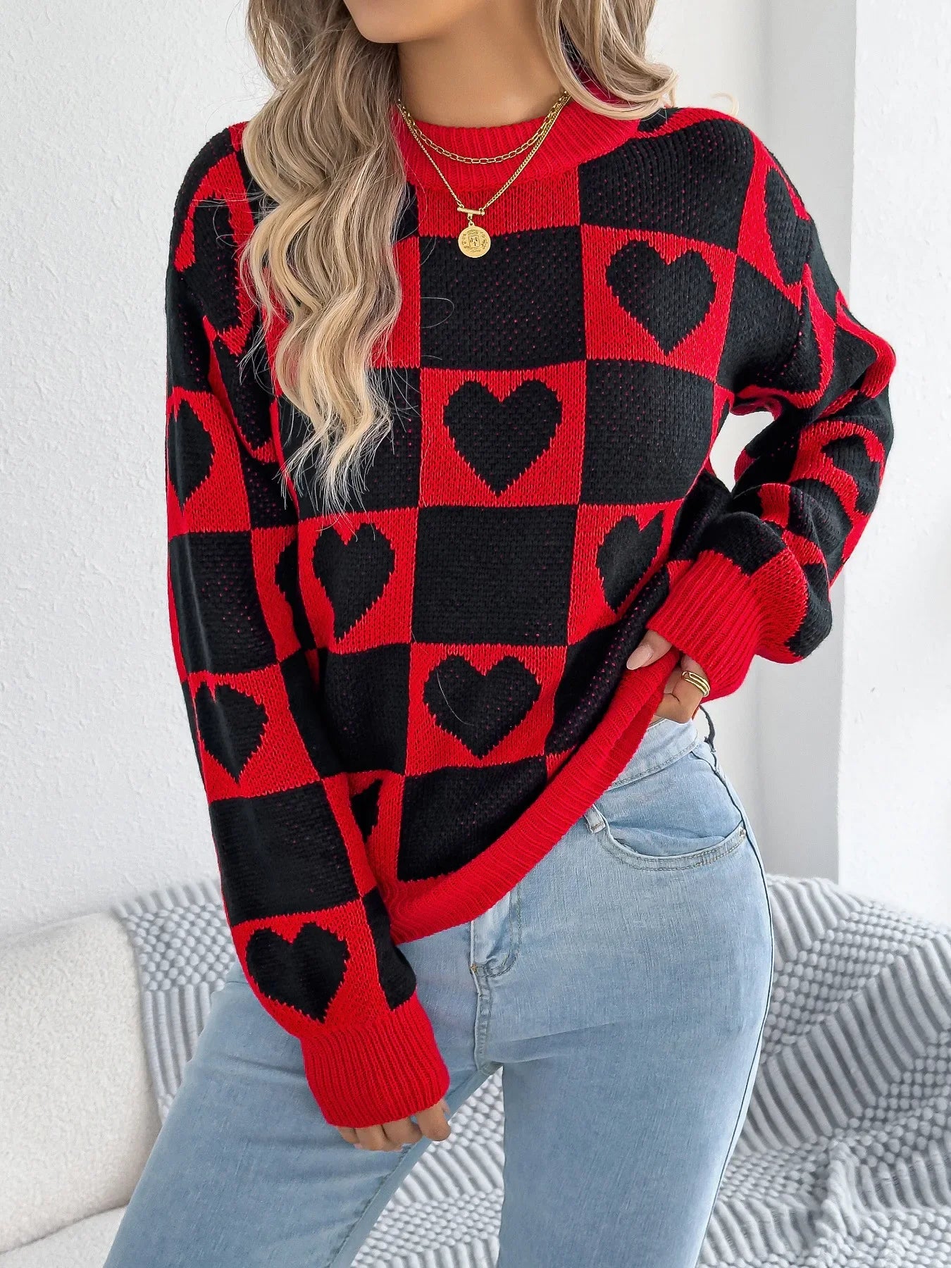 Plaid Heart Lantern Sleeve Sweater
