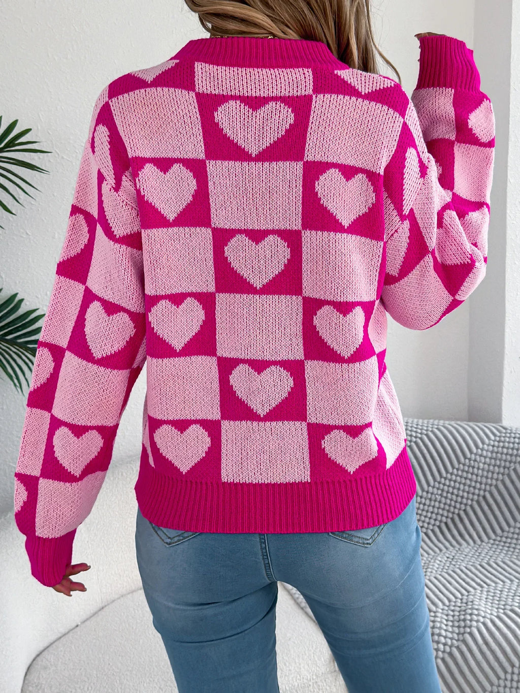 Plaid Heart Lantern Sleeve Sweater