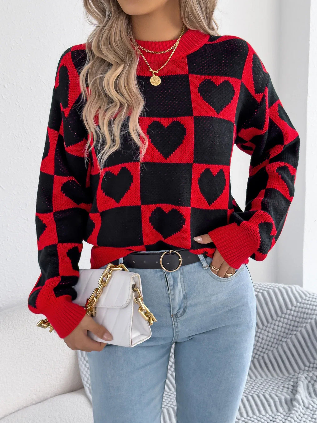 Plaid Heart Lantern Sleeve Sweater