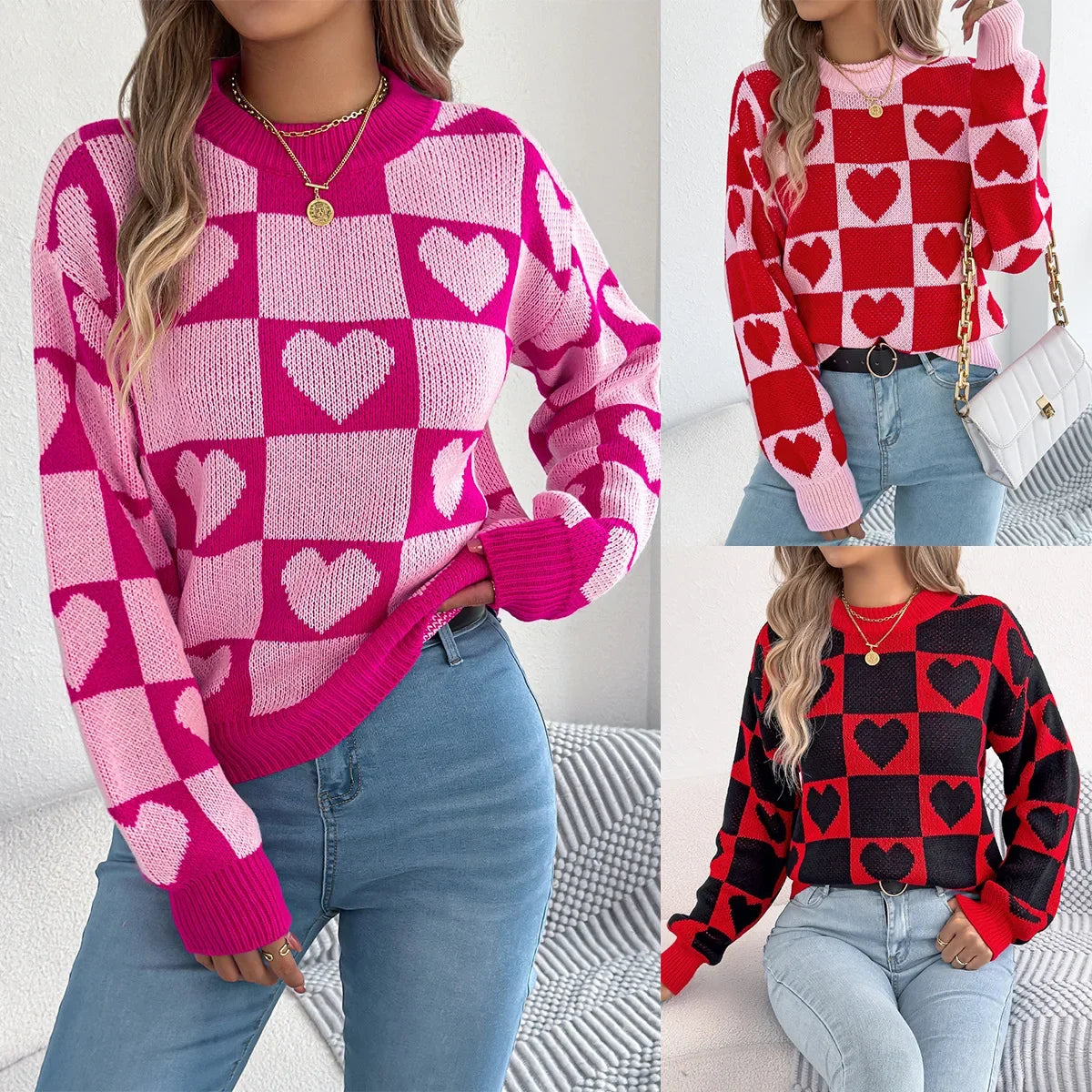 Plaid Heart Lantern Sleeve Sweater