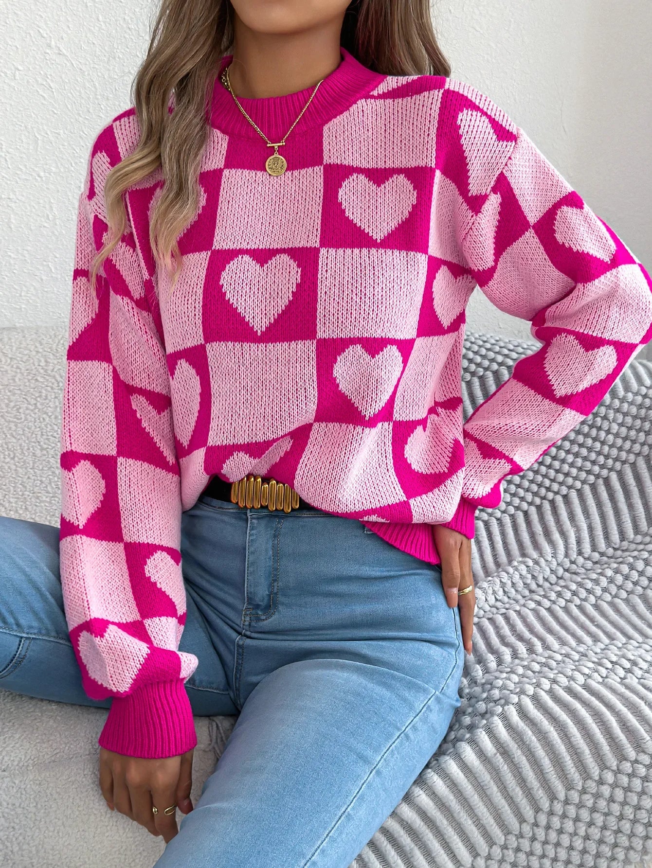 Plaid Heart Lantern Sleeve Sweater