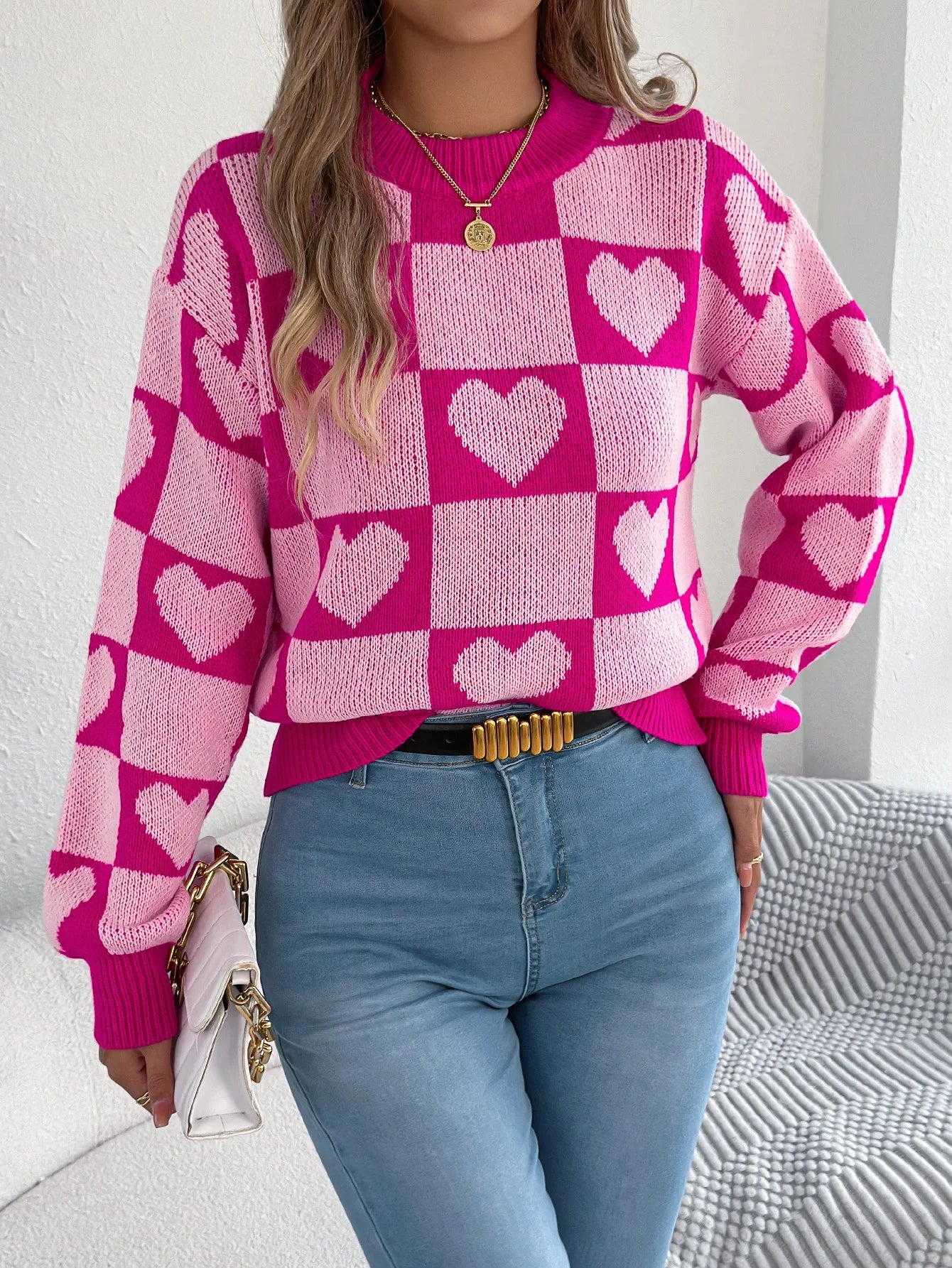 Plaid Heart Lantern Sleeve Sweater