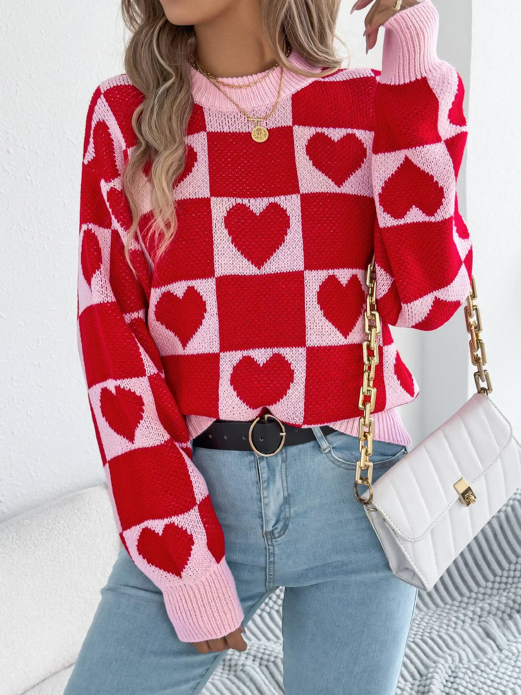 Plaid Heart Lantern Sleeve Sweater