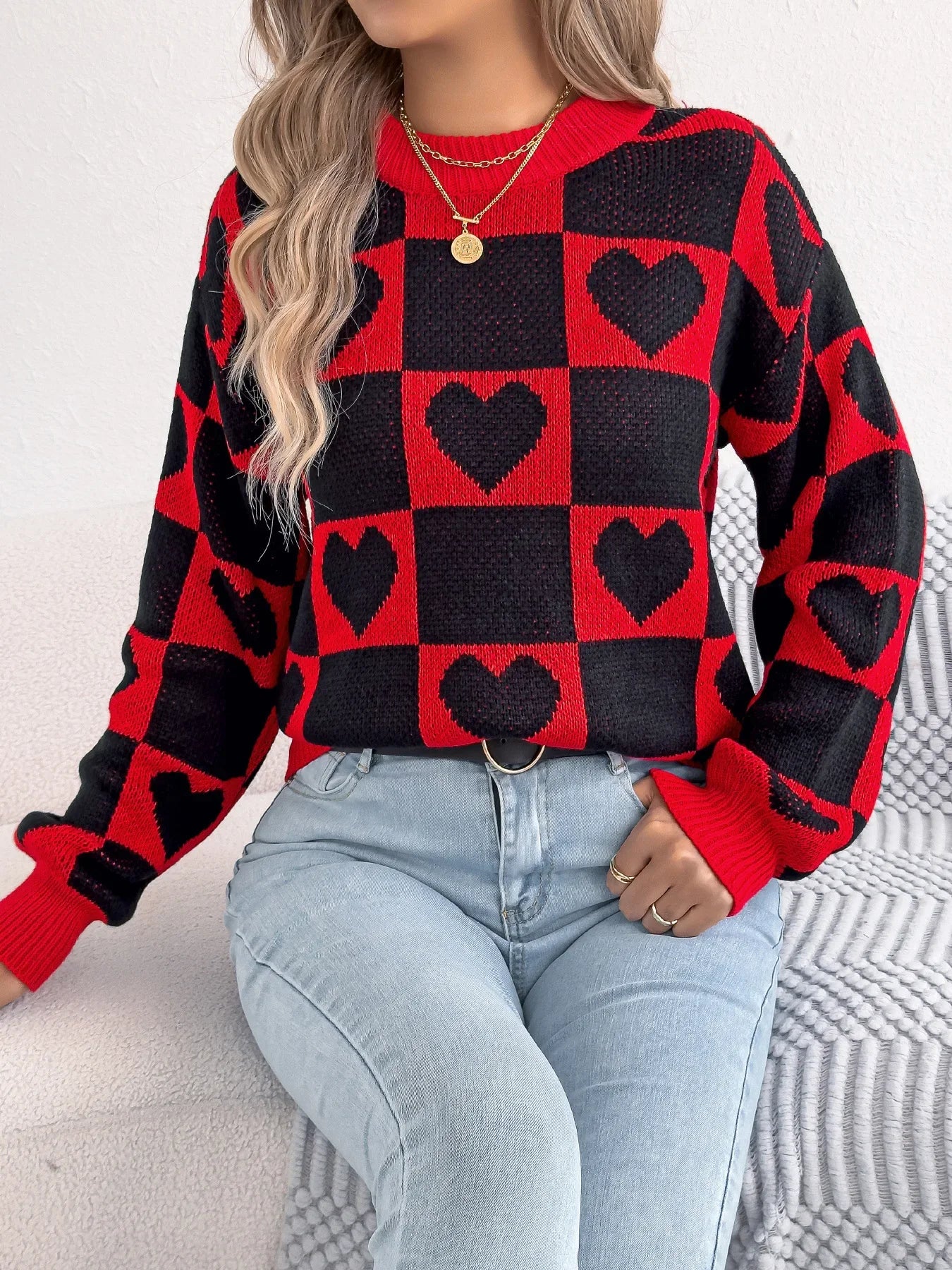 Plaid Heart Lantern Sleeve Sweater