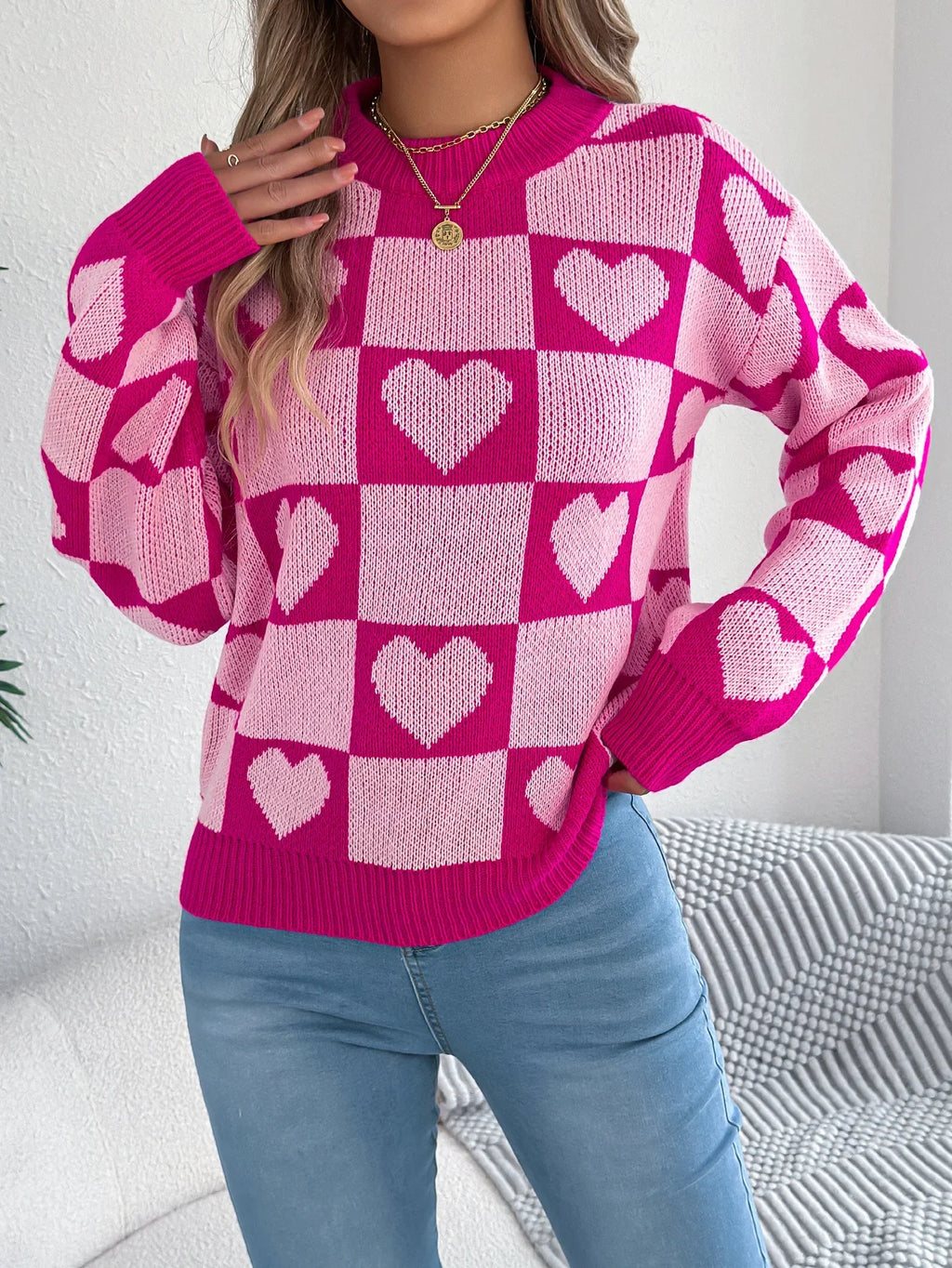 Plaid Heart Lantern Sleeve Sweater