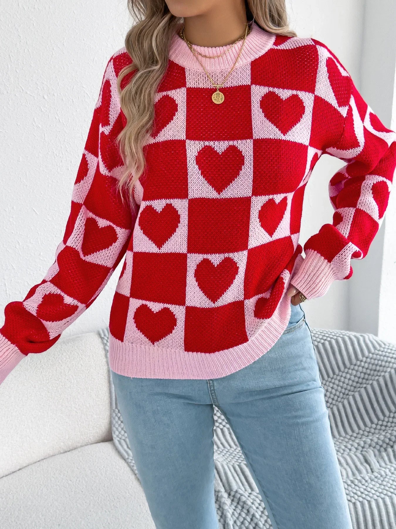 Plaid Heart Lantern Sleeve Sweater