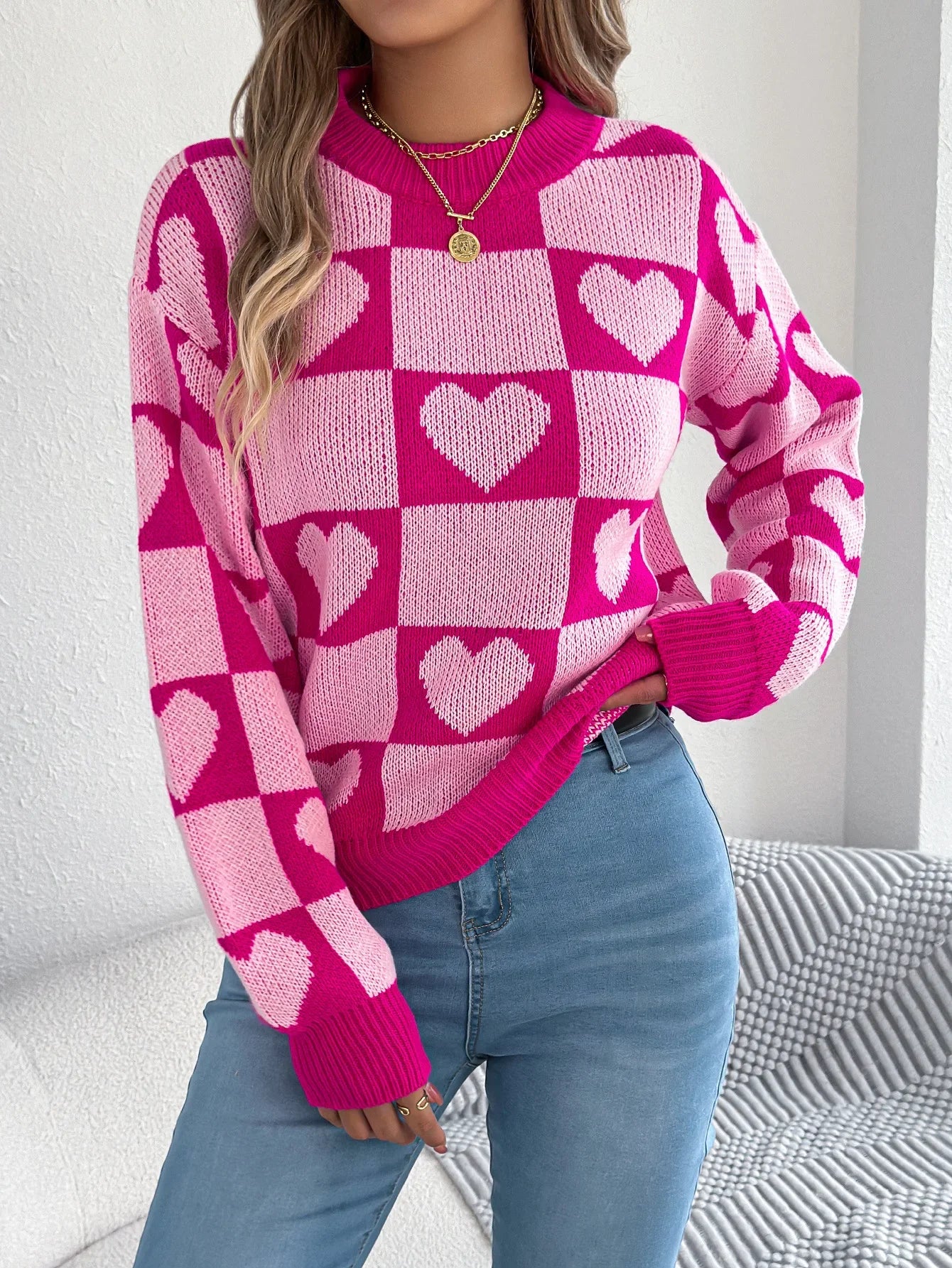 Plaid Heart Lantern Sleeve Sweater
