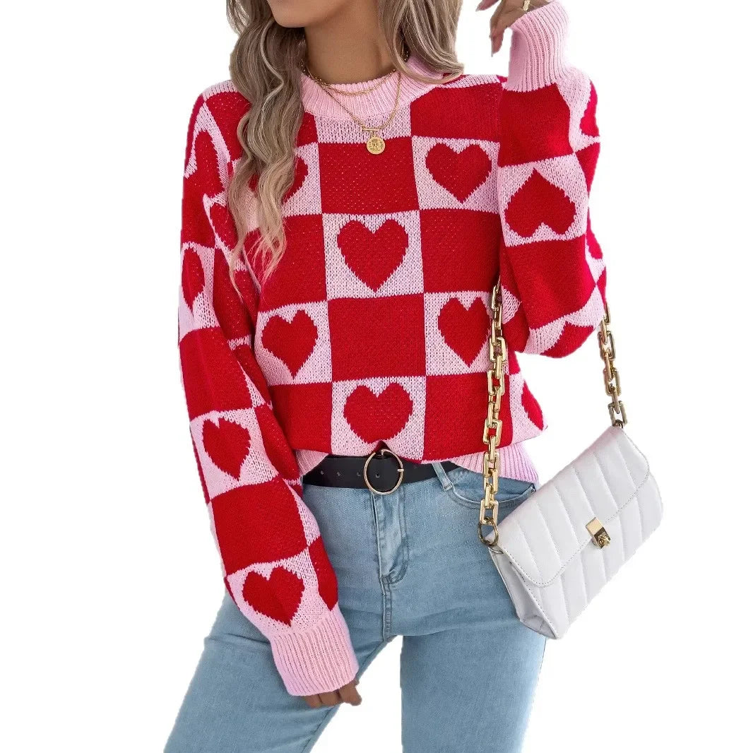 Plaid Heart Lantern Sleeve Sweater