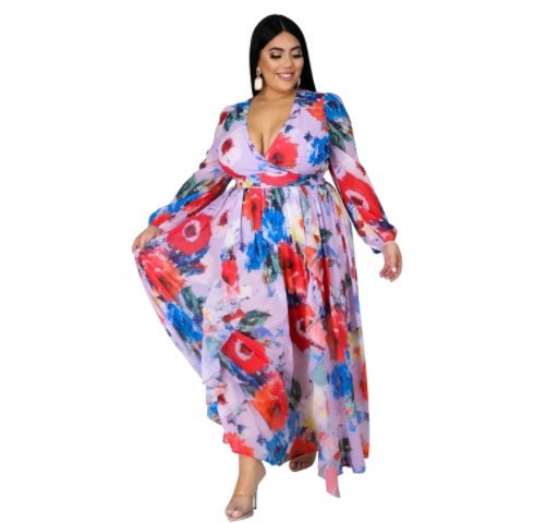 V - neck Long Sleeve Flower Beach Chiffon Dress - Awesam Goods