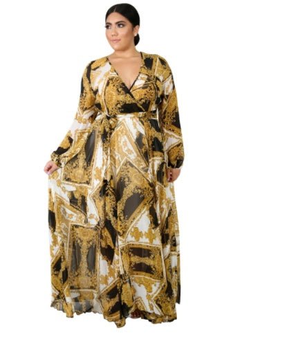 V - neck Long Sleeve Flower Beach Chiffon Dress - Awesam Goods