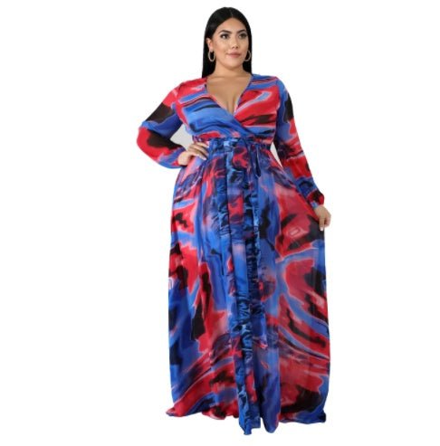 V - neck Long Sleeve Flower Beach Chiffon Dress - Awesam Goods